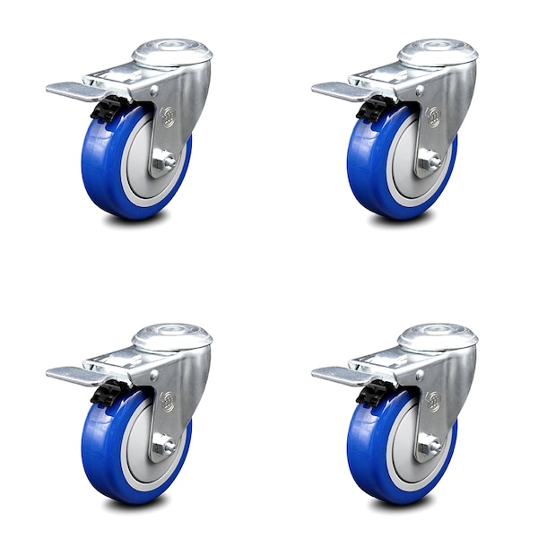 4 Inch Blue Polyurethane Swivel Bolt Hole Caster Set with Total Lock Brake SCC